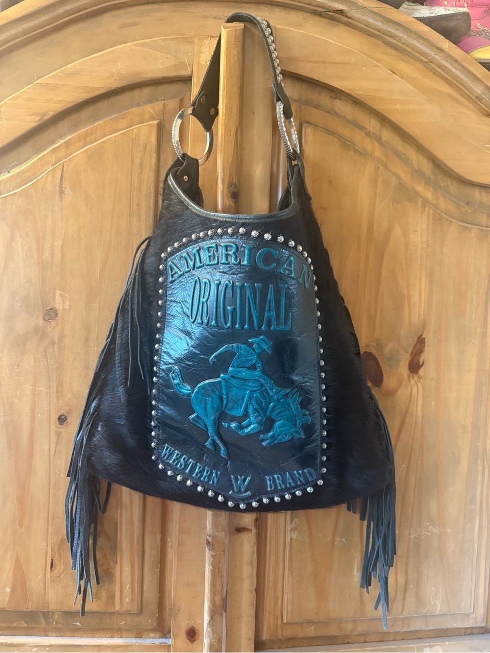 Raviani Black Shoulder Bag with Teal Embossed Western Panel